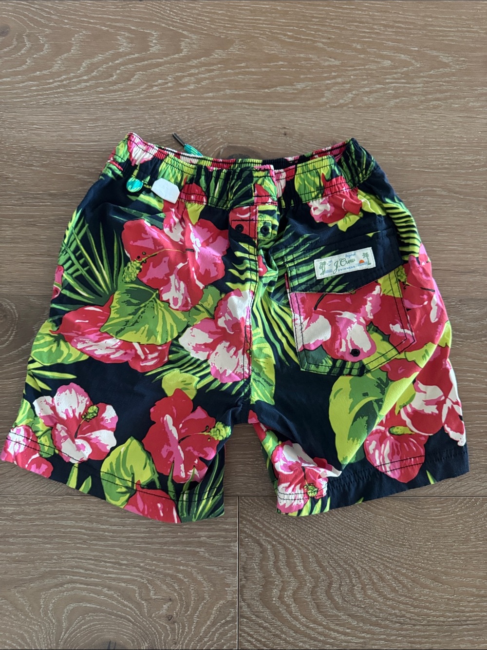 J. Crew Navy Swim Trunks with Pink & Lime Floral Print